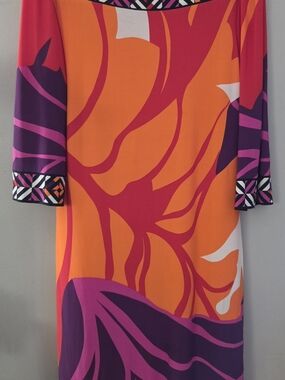 Donna Morgan Size 12 Vibrant Orange & Pink Floral/Leaf Print 3/4 Sleeve Dress